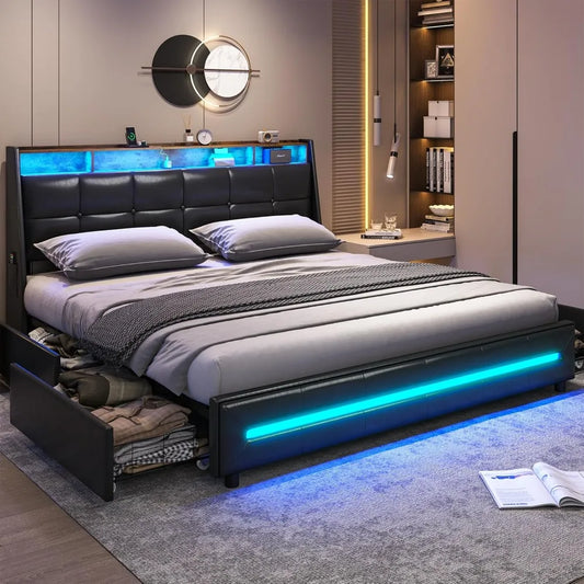 King Size Bed Frame w 4 Storage Drawers,Charging Station and LED Lights,Upholstered Bed Frame w Button Tufted Wingback Headboard - Uknowucme