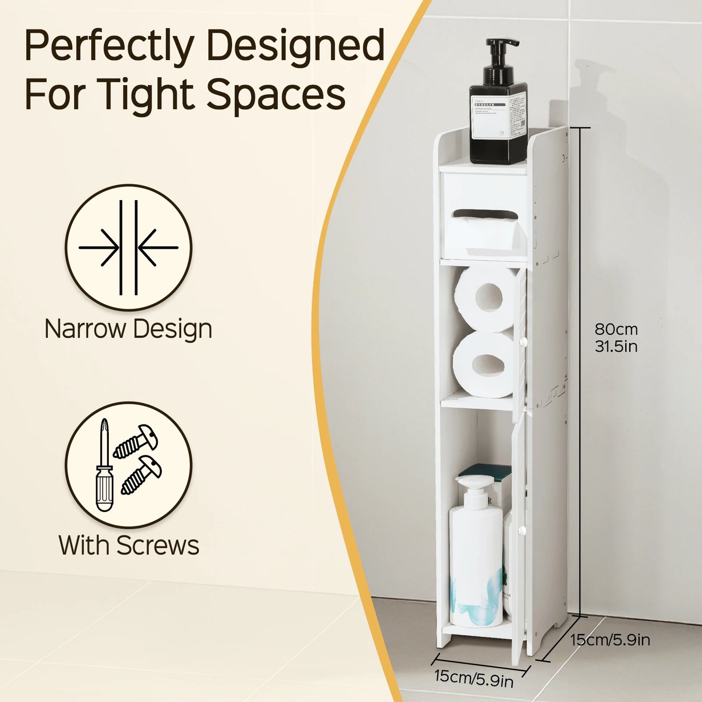 3 Tier Slim Bathroom Storage Cabinets in Different Sizes, Collapsible Storage Cabinets, Narrow Bathroom Storage Cabinets, Slim P