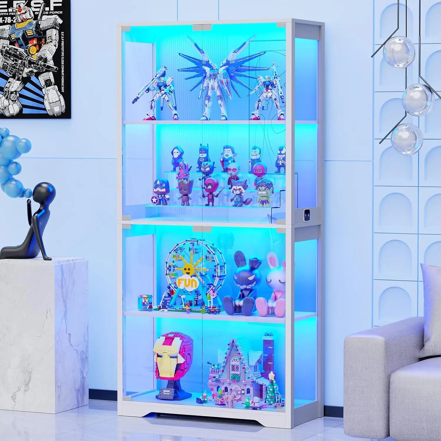Display Cabinet with Glass Doors, 4-Tier Curio Cabinet&Bookcase with 3 Color Light for Collectibles,Toys, Books, Storage Cabinet - Uknowucme