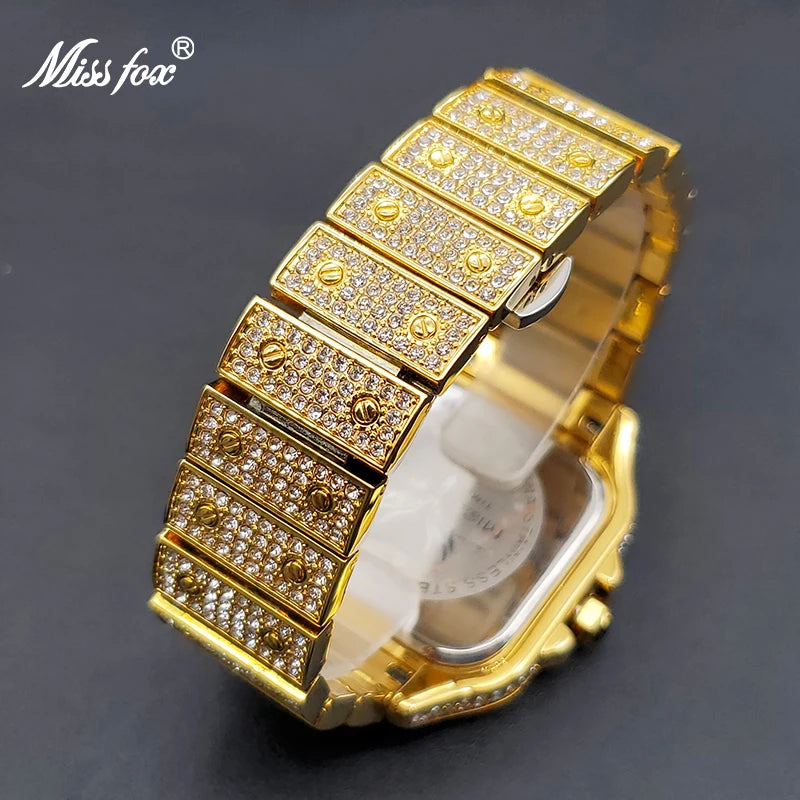 Ice Out Gold Watch For Men MISSFOX Street Style Hip Hop Waterproof Watches For Male Couple Wristwatches Jewelry Accessories