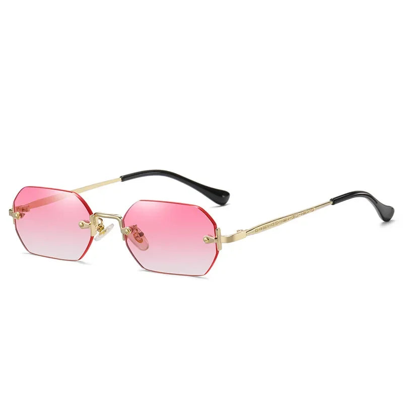 Rimless Rectangle Sunglasses Small Men Glasses Women Metal Gold Polygon Blue Shades 2024 UV400 Frameless - Uknowucme