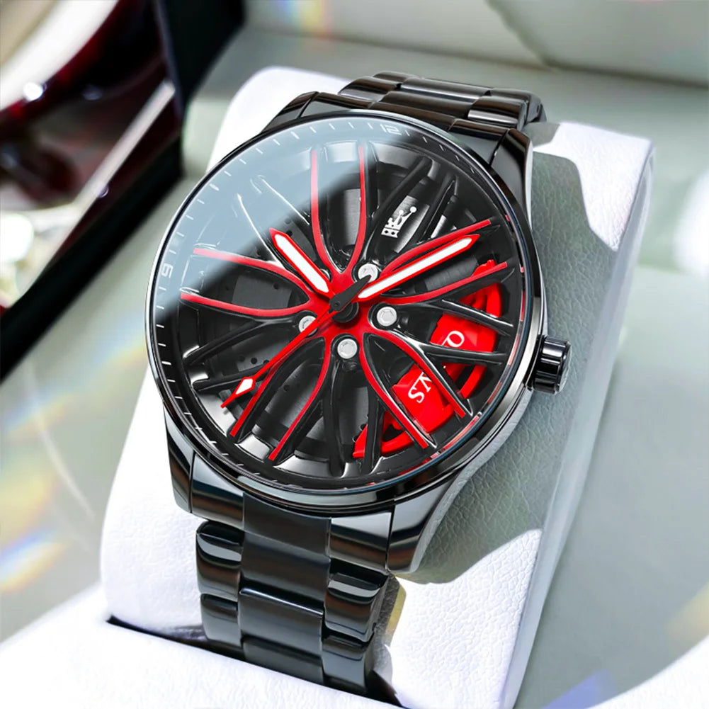 OLEVS Wheel Hub Men's Watches Trend Fashion Quartz Wristwatch Original Movement Waterproof Steel Luminous 3D Hollow Rotary Dial - Uknowucme