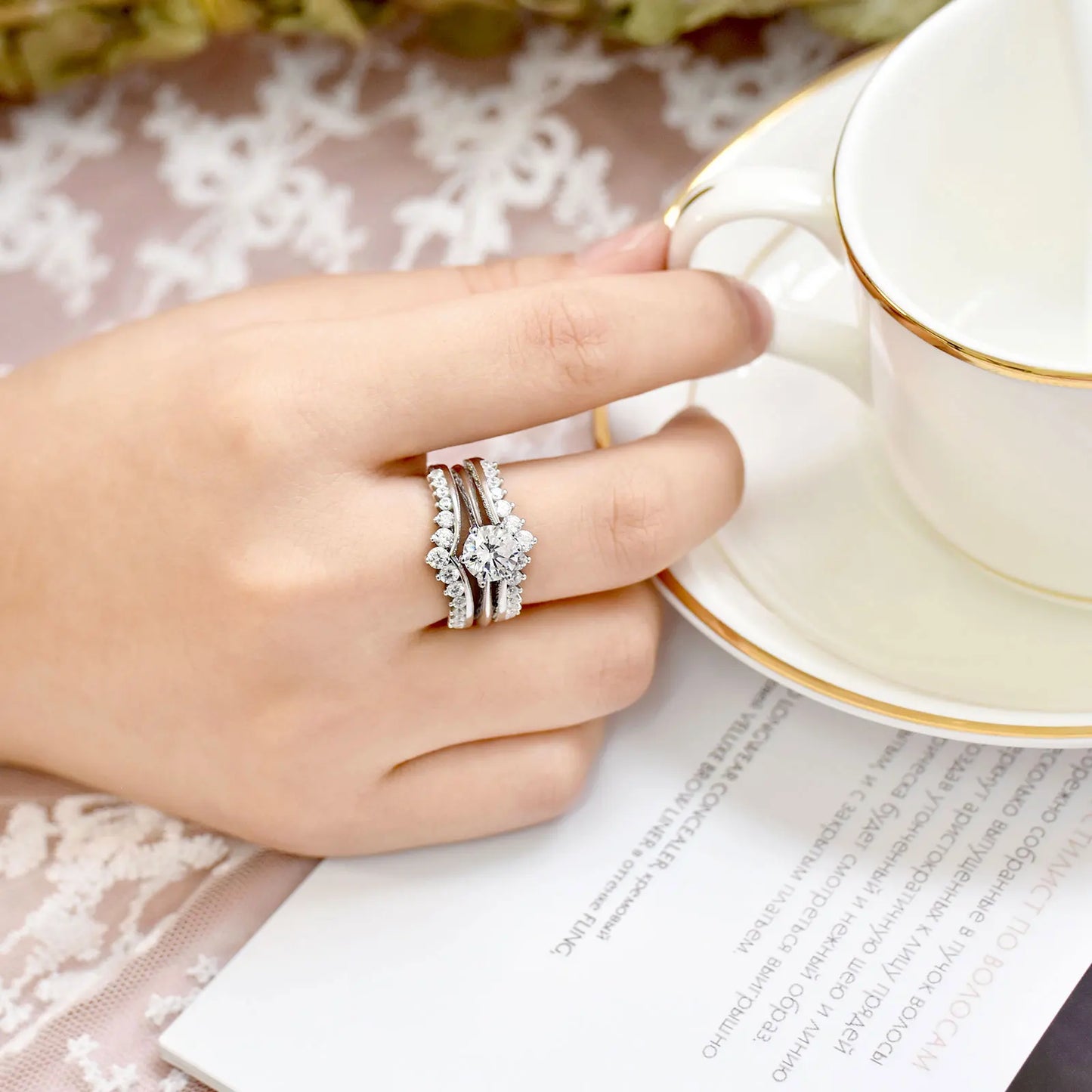 Newshe Luxury Solid 925 Sterling Silver Wedding Engagement Rings for Women High Grade Cubic Zircon Guard Band BR1167 - Uknowucme