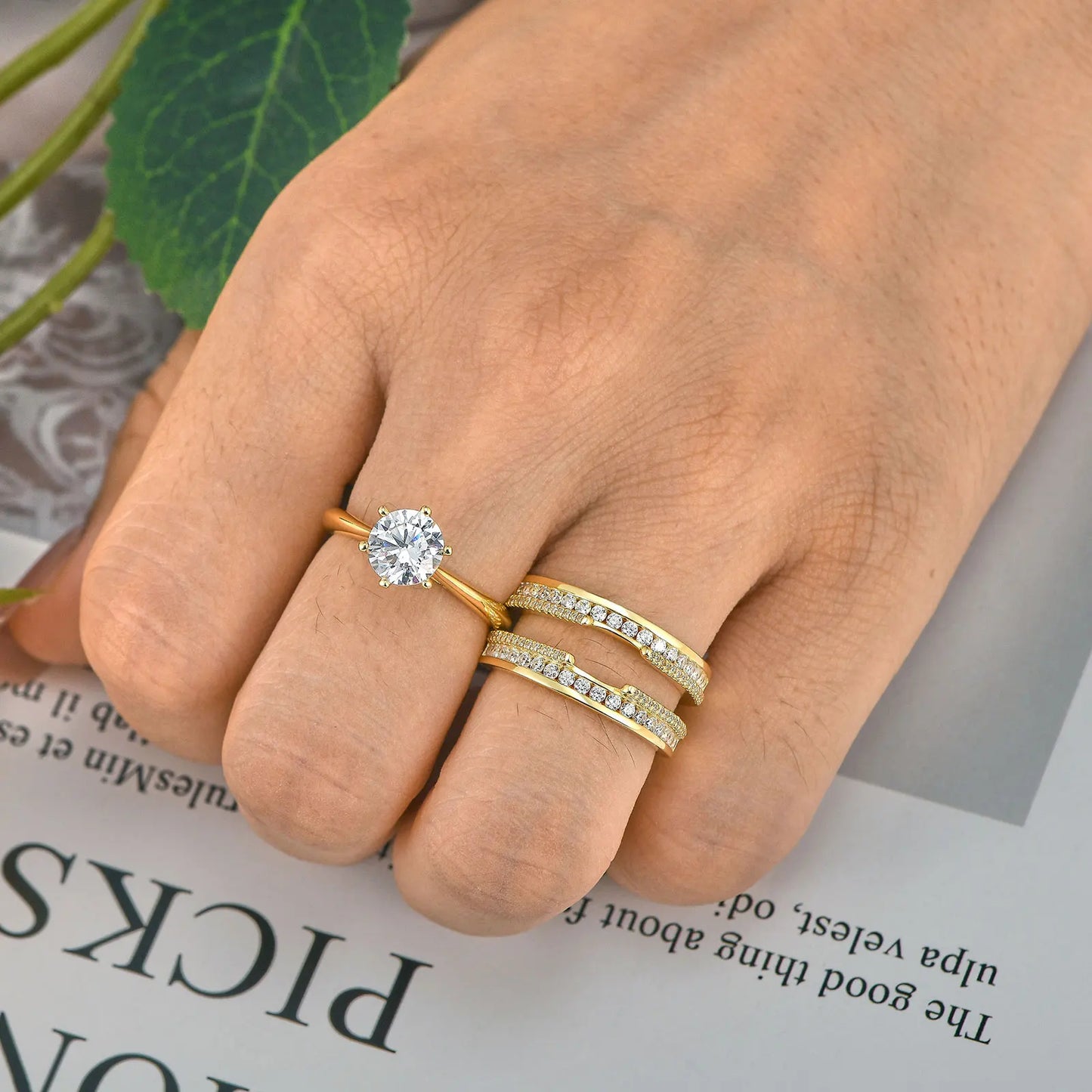 Newshe 925 Sterling Silver Yellow K Gold Rings for Women Round AAAAA Cubic Zircon Engagement Ring Enhancer Bridal Set Jewelry - Uknowucme