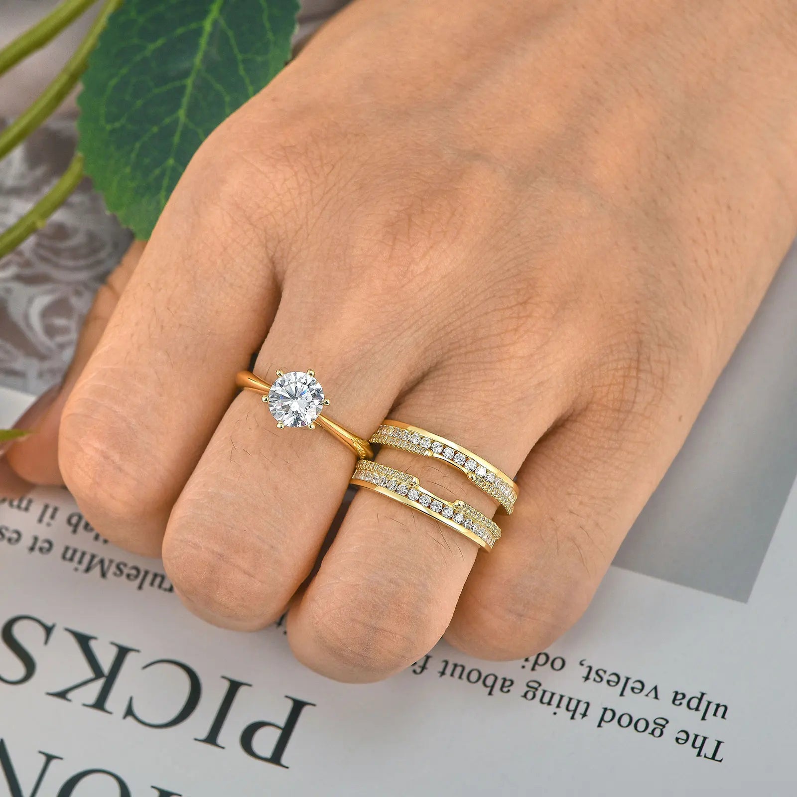 Newshe 925 Sterling Silver Yellow K Gold Rings for Women Round AAAAA Cubic Zircon Engagement Ring Enhancer Bridal Set Jewelry - Uknowucme