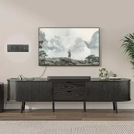 Mid Century Modern TV Stand with Charging Station, Farmhouse Curved Round Edge TV and Media Console Table with Drawer and Shelf
