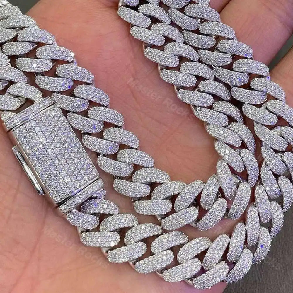 12mm 3rows Vvs Moissanite Studded Miami Cuban Link Chain 925 Sterling Silver Moissanite Iced Out Cuban Chain Fashion Necklace