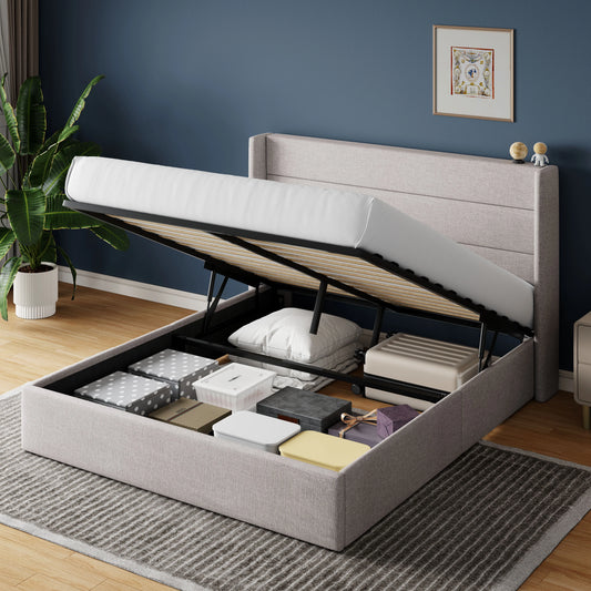 HOOMIC Lift Up Storage Bed with Wingback Headboard/Heavy-Duty Hydraulic Bed/Large Underneath Storage Allewie - Uknowucme