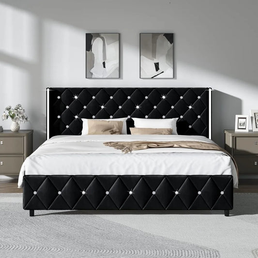King Size Bed Frame, Velvet Upholstered Platform Bed King Size with Diamond Tufted Headboard and Footboard, Wooden Slats Support - Uknowucme