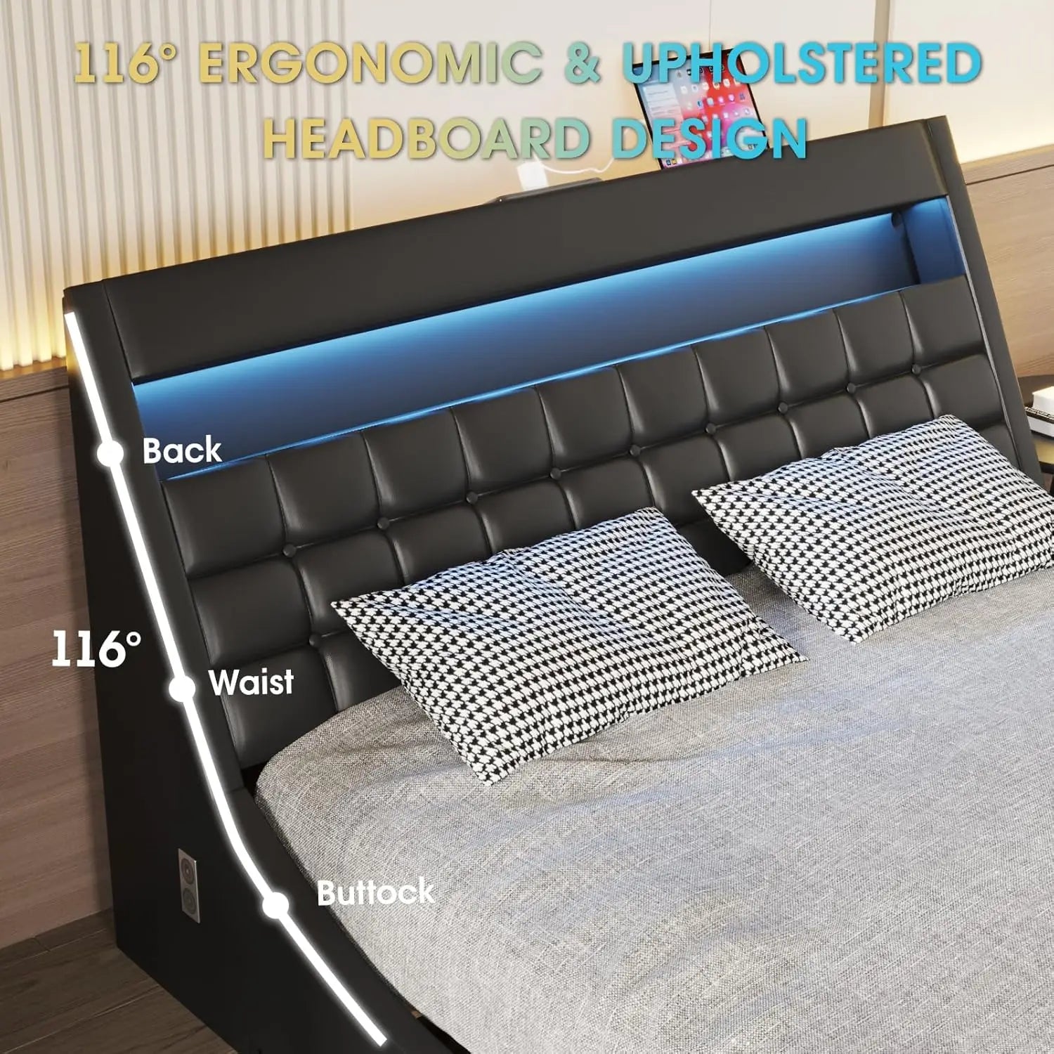 Vabches Full Size Bed Frame with Wave-Like Curve Design PU Leather Upholstered Platform Bed Frame w Charging Station&LED Lights - Uknowucme