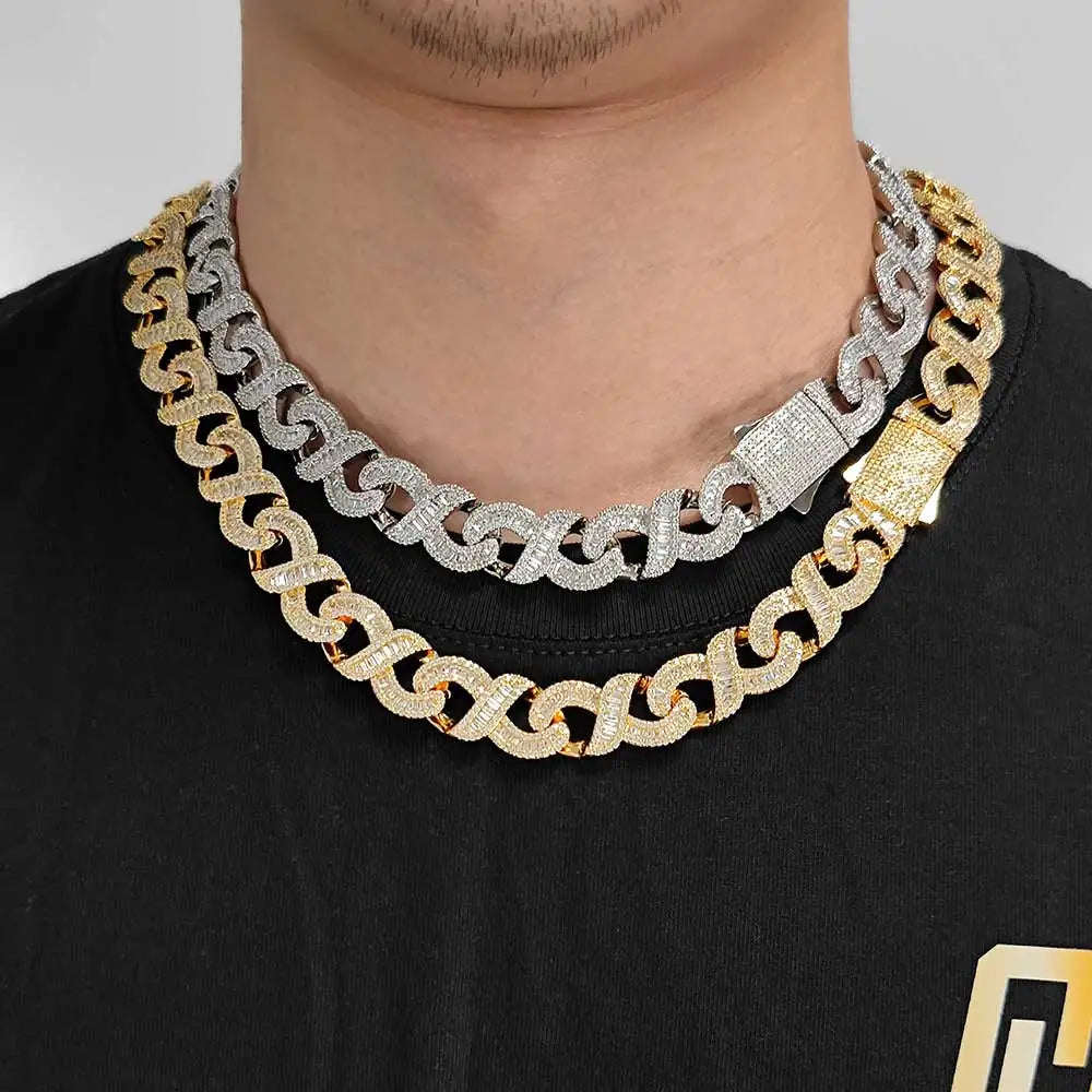 Hip Hop Jewelry 15MM Gold Filled Diamond Infinity Link Bracelet Necklace Iced Out CZ Baguette & Round Infinity Cuban Necklace