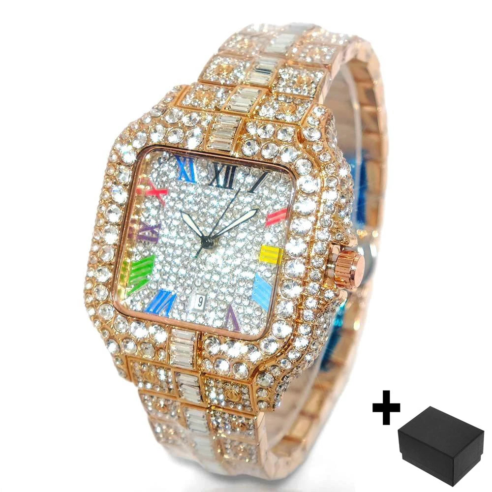 UNIGUET Luxury Iced Quartz Watch for Men Fashion Color Roman Square Watches Man Hip Hop Diamond AAA Jewelry Wristwatch Reloj Hot - Uknowucme