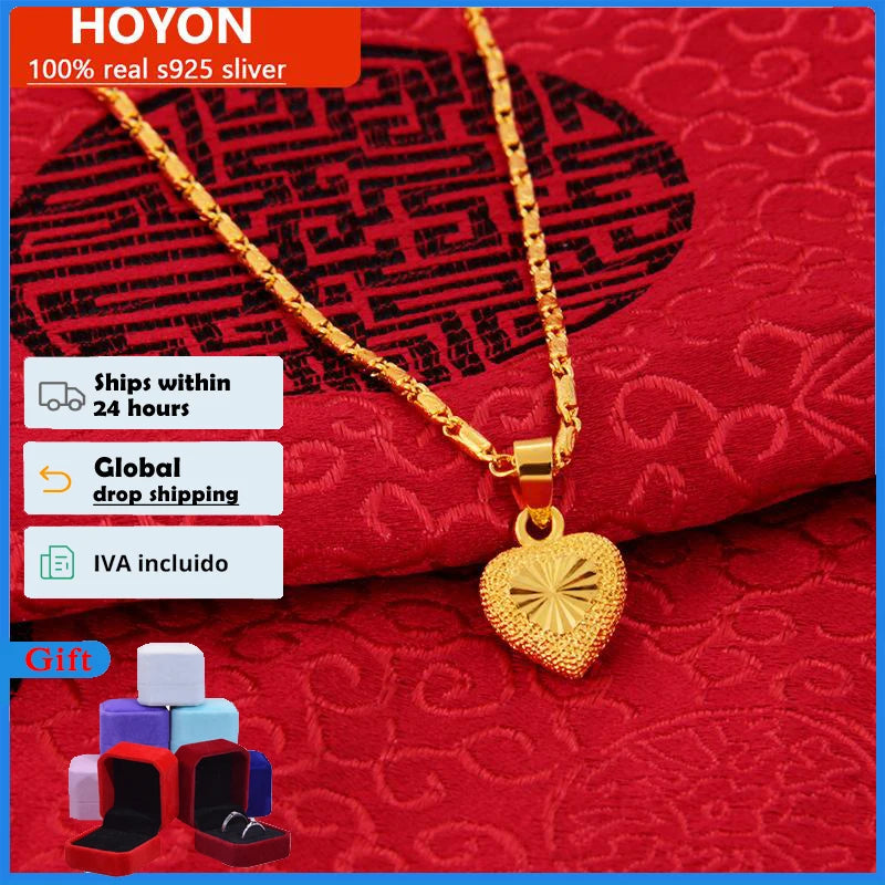 HOYON Coating Pure Dubai 24k Lovers Necklace For Women Wedding Gift Gold Chain Necklace Designer Heart Pendant Jewelry Free Ship - Uknowucme