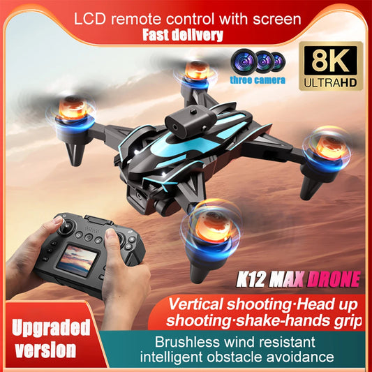 Drone New Upgrade with Screen Remote Control K12 MAX 8K HD Mini Dron Obstacle Avoidance Brushless Aerial UAV FPV Quadcopter Toys