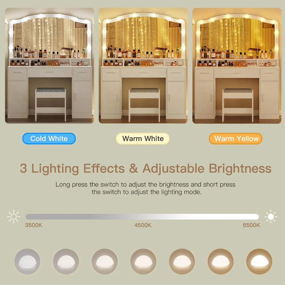Vanity with Mirror and Light, Dressing Table Set with 3 Drawers, 2 Cabinets and 10 LED Bulbs Dresser