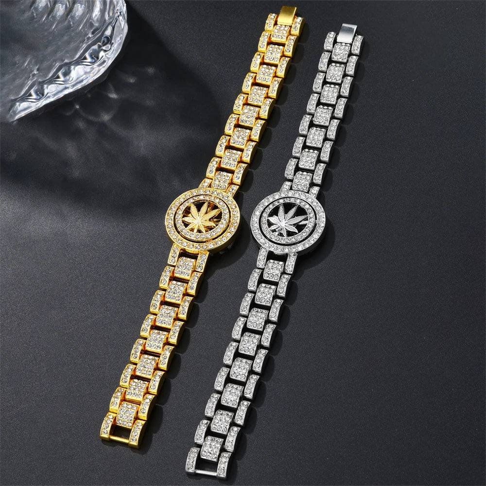 D&Z Hip Pop Full Iced Out CZ Stones Hand Watch Chain Bracelet For Men Rotating Leaves Bling Rhinestone Charm Hand Jewelry Gift