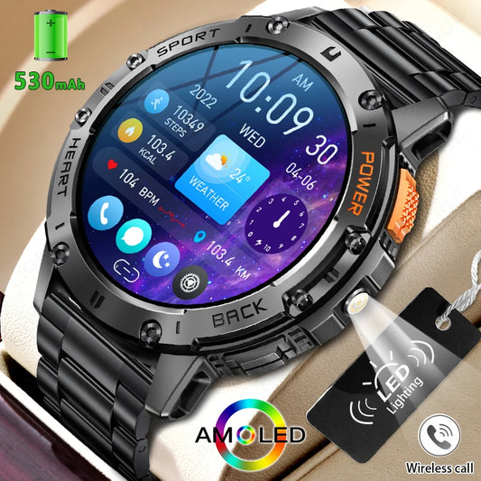 For Android ios New AMOLED Smart Watch Men with Flashlight Sports Waterproof Fitness Tracker Bluetooth Call Smartwatch Man+Box - Uknowucme