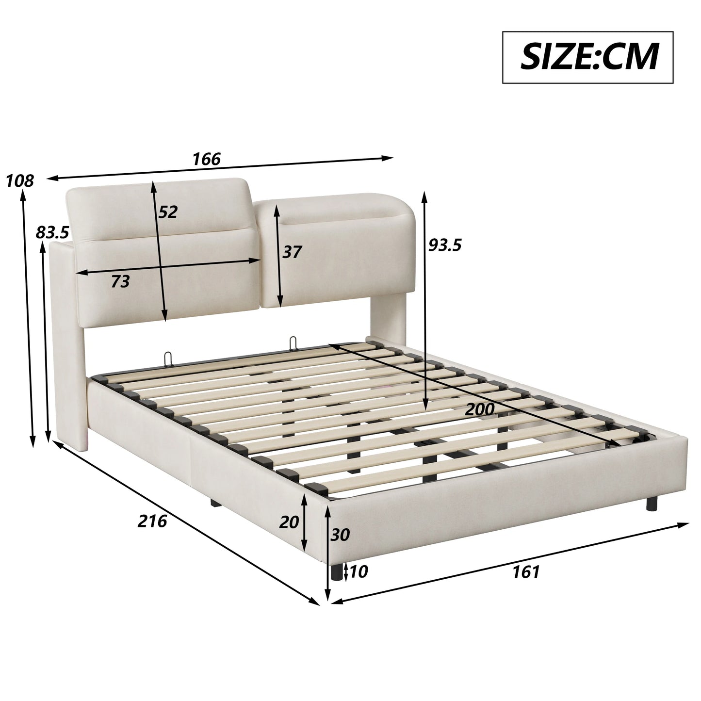 Anajqaqia 160×200 cm Hydraulic Bed, Double Upholstered Bed with Folding Bed Head and Underbed Light Strip, Velvet, Off White