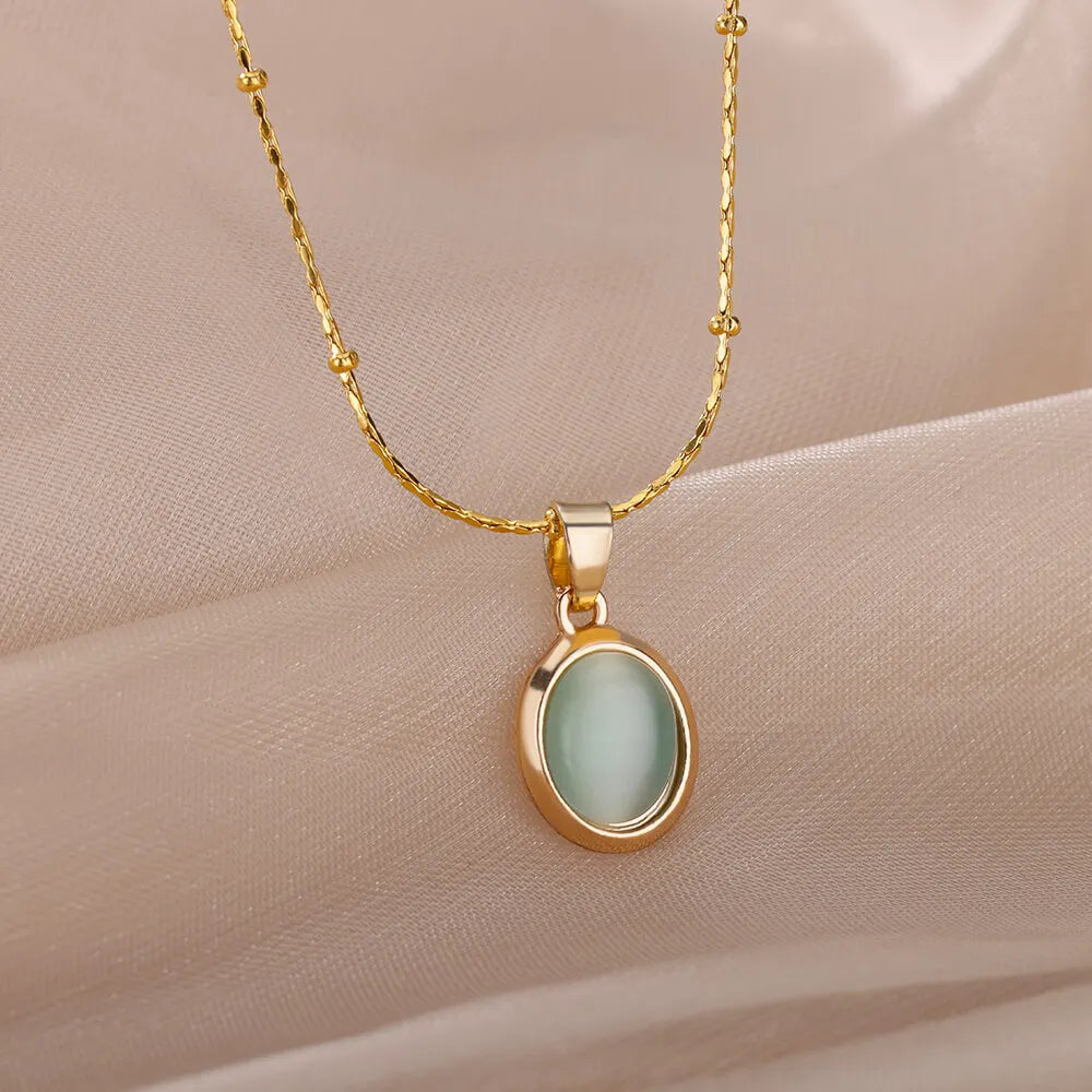 Kpop Stainless Steel Necklace for Women Transparent Moonlight Stone Ellipse Pendant Thin Chain Vintage Jewelry Gift New In - Uknowucme