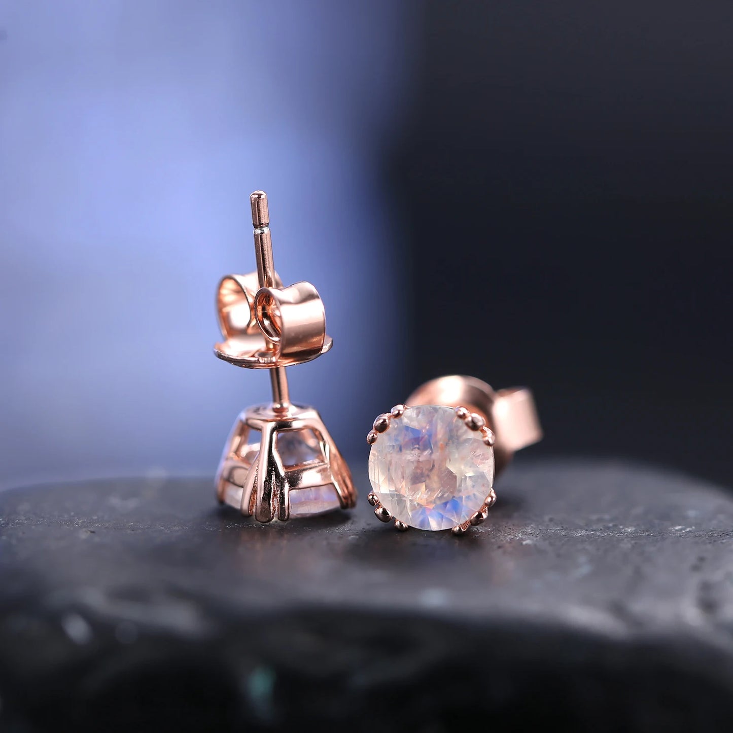 GEM'S BALLET June Birthstone 6mm Milky Blue Moonstone Classic Studs Earrings in 925 Sterling Silver Women Rose Gold Earrings