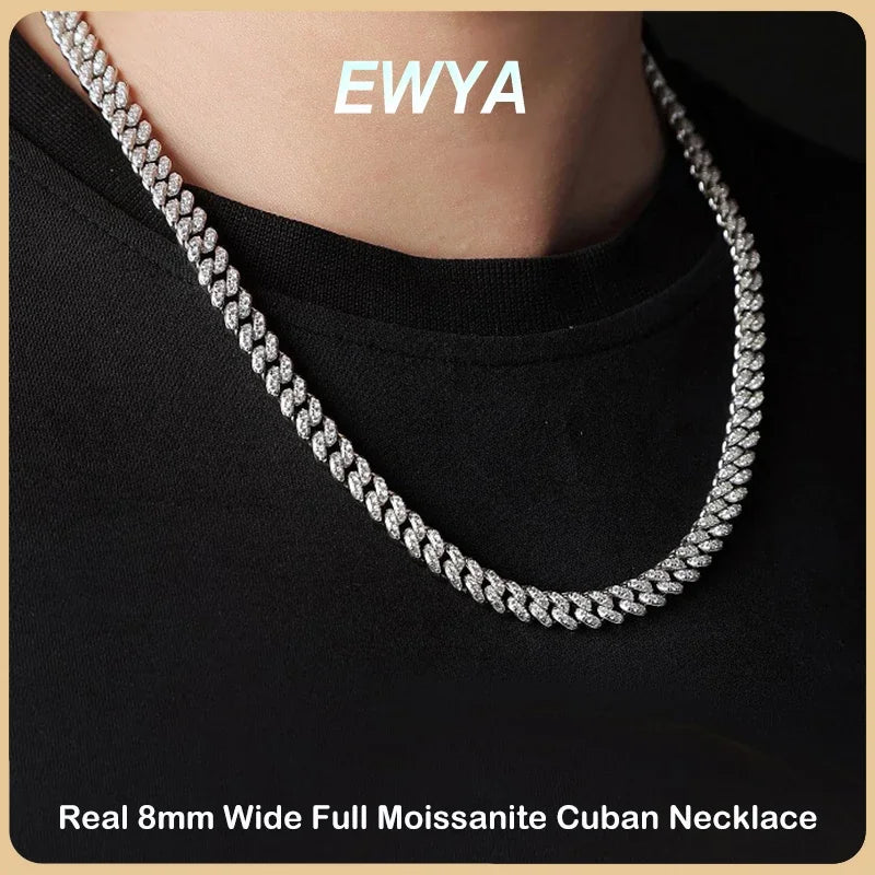 EWYA 100% Real Full Moissanite Cuban Neck Chain Necklace for Men Women 8mm S925 Sterling Silver Hip Hop Diamond Tennis Necklaces - Uknowucme