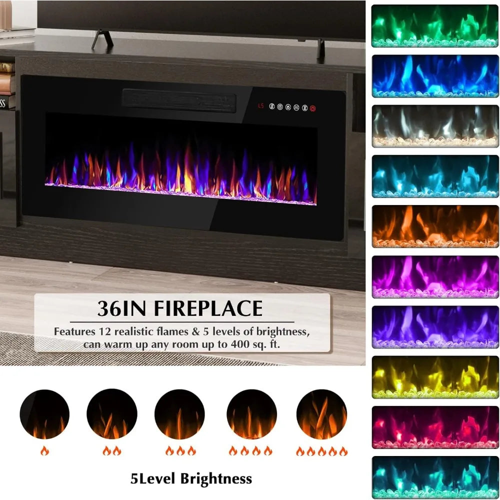 Fireplace tv Stand with 36 inch Fireplace Up to 80" TVs,LED Light Entertainment Center and Storage, 70" Modern Wood Media TV Con