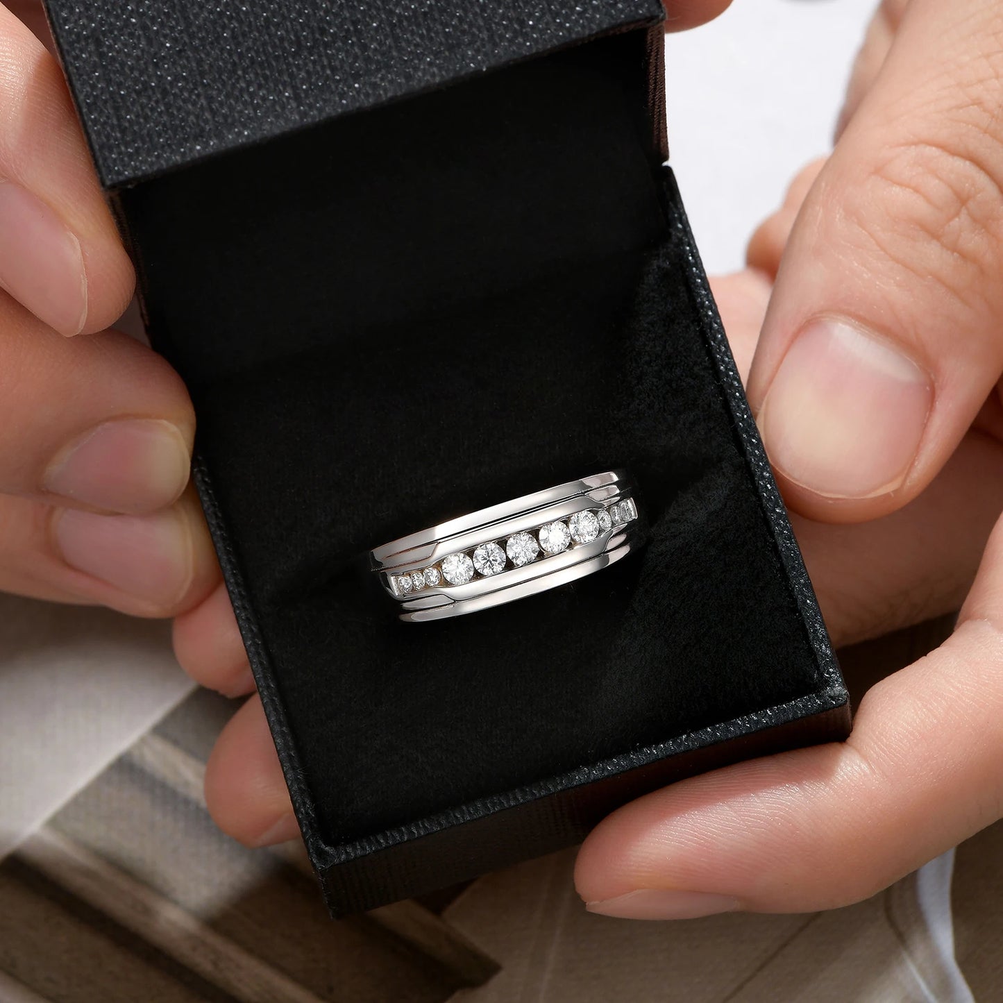 Full Moissanite Wedding Band for Men 925 Sterling Silver Engagement Rings Pave Round Eternity Promise Ring Size 8-12 - Uknowucme