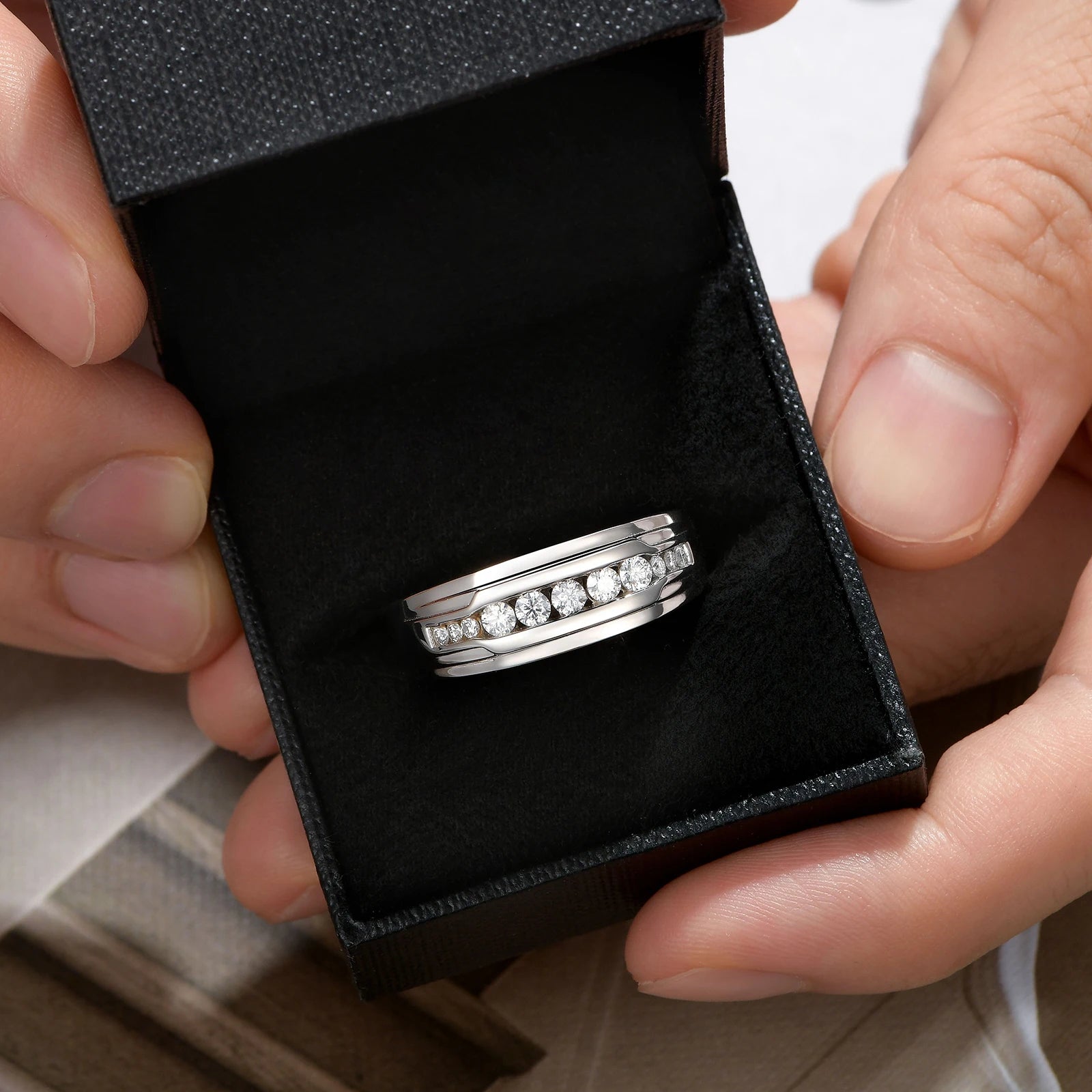 Full Moissanite Wedding Band for Men 925 Sterling Silver Engagement Rings Pave Round Eternity Promise Ring Size 8-12 - Uknowucme