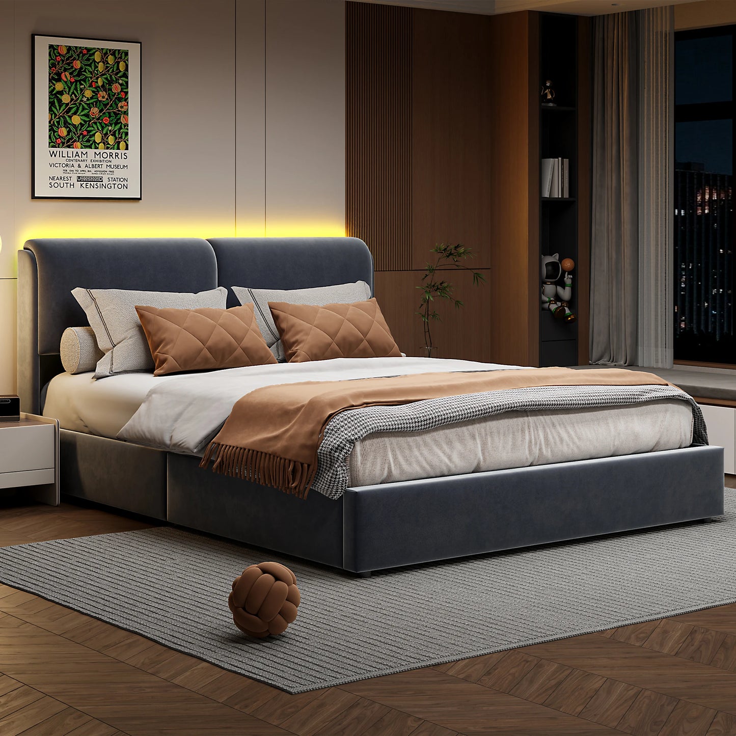 Anajqaqia 160×200 cm Upholstered Double Bed, Hydraulic Bed with LED Light and Slatted Base,Under-bed Storage Space, Velvet, Grey