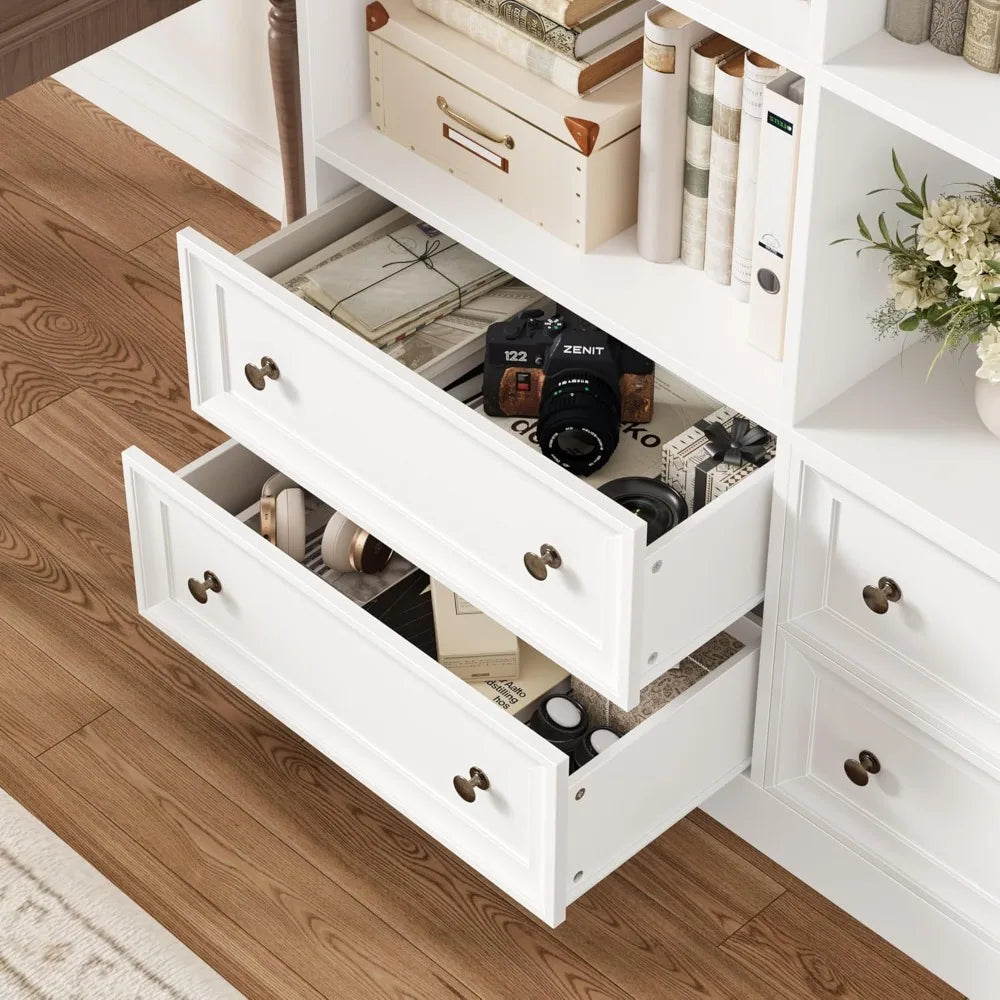 71" Tall Bookshelf with 4 Drawers, 6-Tier Double Wide Bookshelves and Bookcases with Storage, White Bookshelf Large Op