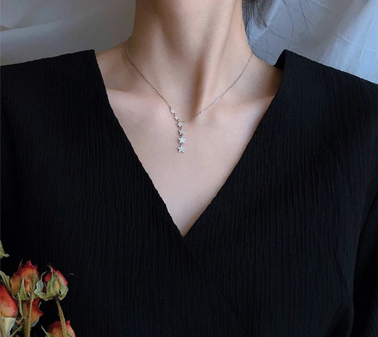 Fashion Pentagram Star 925 Sterling Silver Crystal Clavicle Chain Necklaces  XL065 - Uknowucme