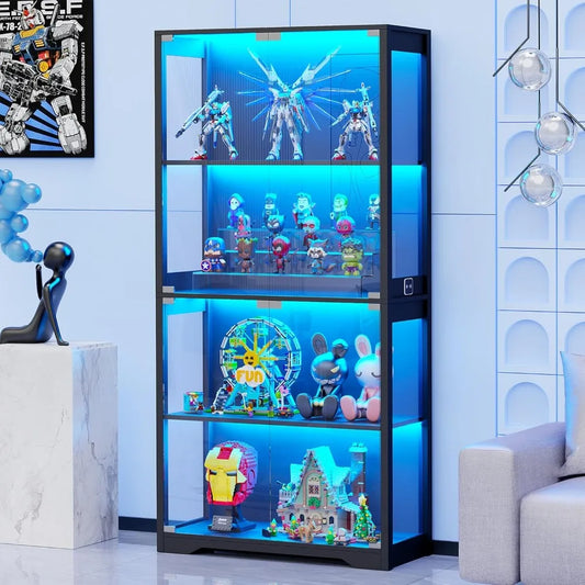 Display Cabinet with Glass Doors, 4-Tier Curio Cabinet&Bookcase with 3 Color Light for Collectibles,Toys, Books, Storage Cabinet - Uknowucme