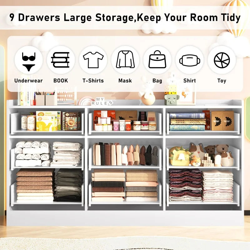 9 Drawer Dresser with Power Outlet & LED Light, Modern Chest of Drawers for Closet, 63" Drawer Organizer Cabinet for Bedroom - Uknowucme