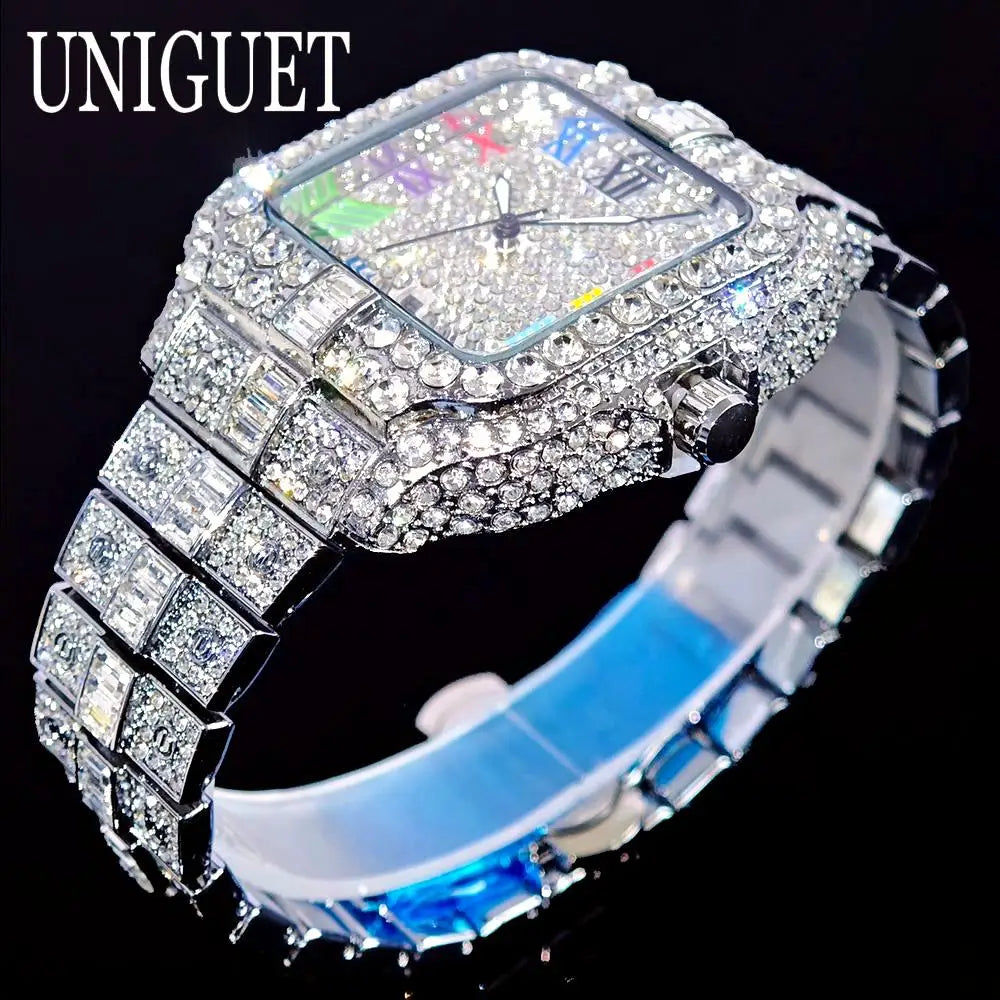 UNIGUET Luxury Iced Quartz Watch for Men Fashion Color Roman Square Watches Man Hip Hop Diamond AAA Jewelry Wristwatch Reloj Hot - Uknowucme