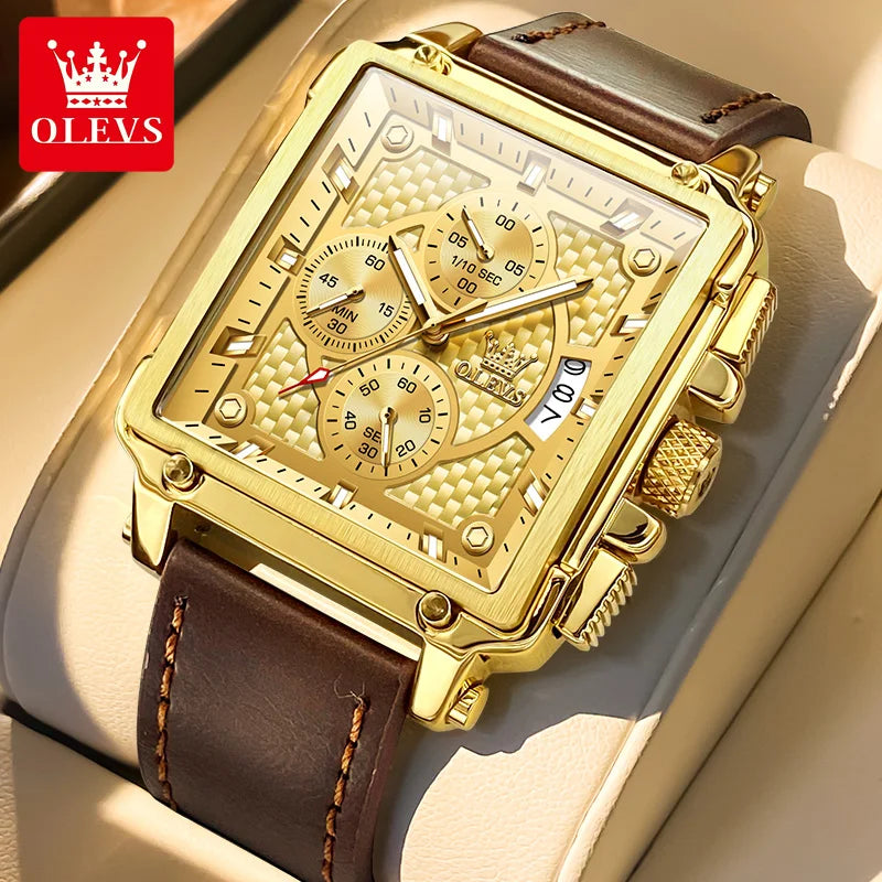 OLEVS Brand 9925 Men's Watches Gold Square Dial Quartz Male Watch Original Leather Strap Fashion Watch 30m Waterproof Top Ten - Uknowucme