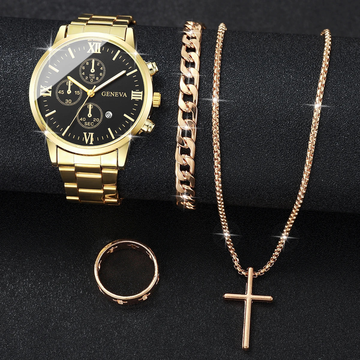 4PCS/Set Luxury Men's Calendar Watch Fashion Roma Dial Men Business Quartz Watches Jewelry Set Reloj Hombre（Without Box） - Uknowucme
