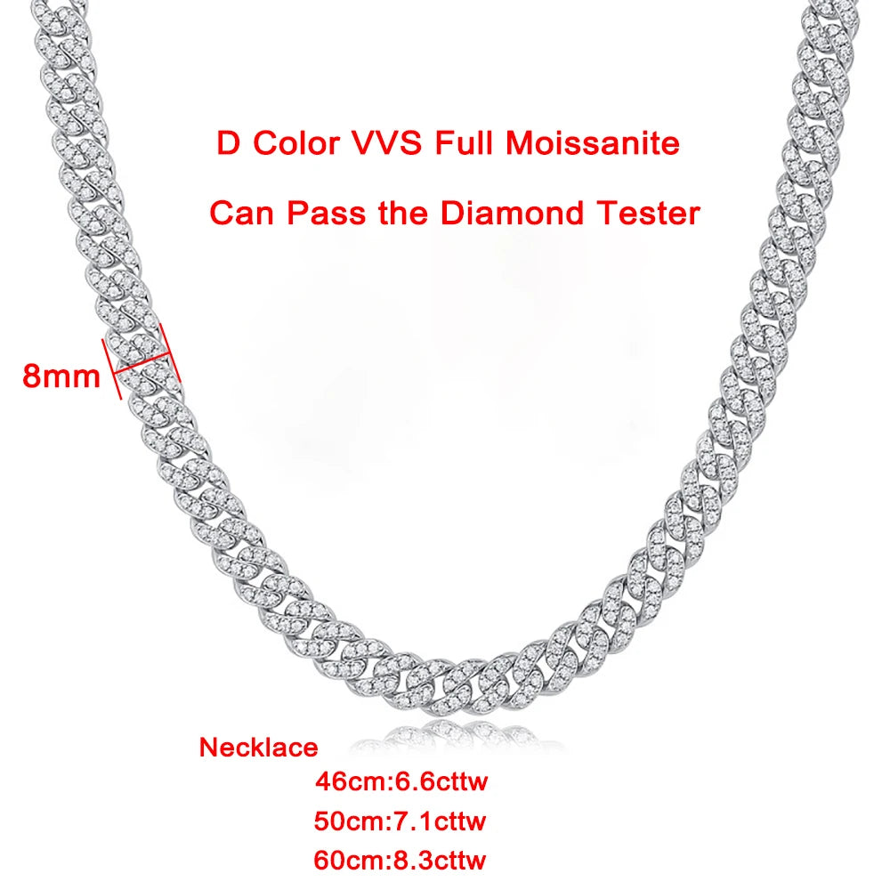 8mm Full Moissanite Cuban Necklaces for Men Women D Color Single Row Lab Diamond S925 Sterling Silver Hip Hop Jewelry Neck Chain