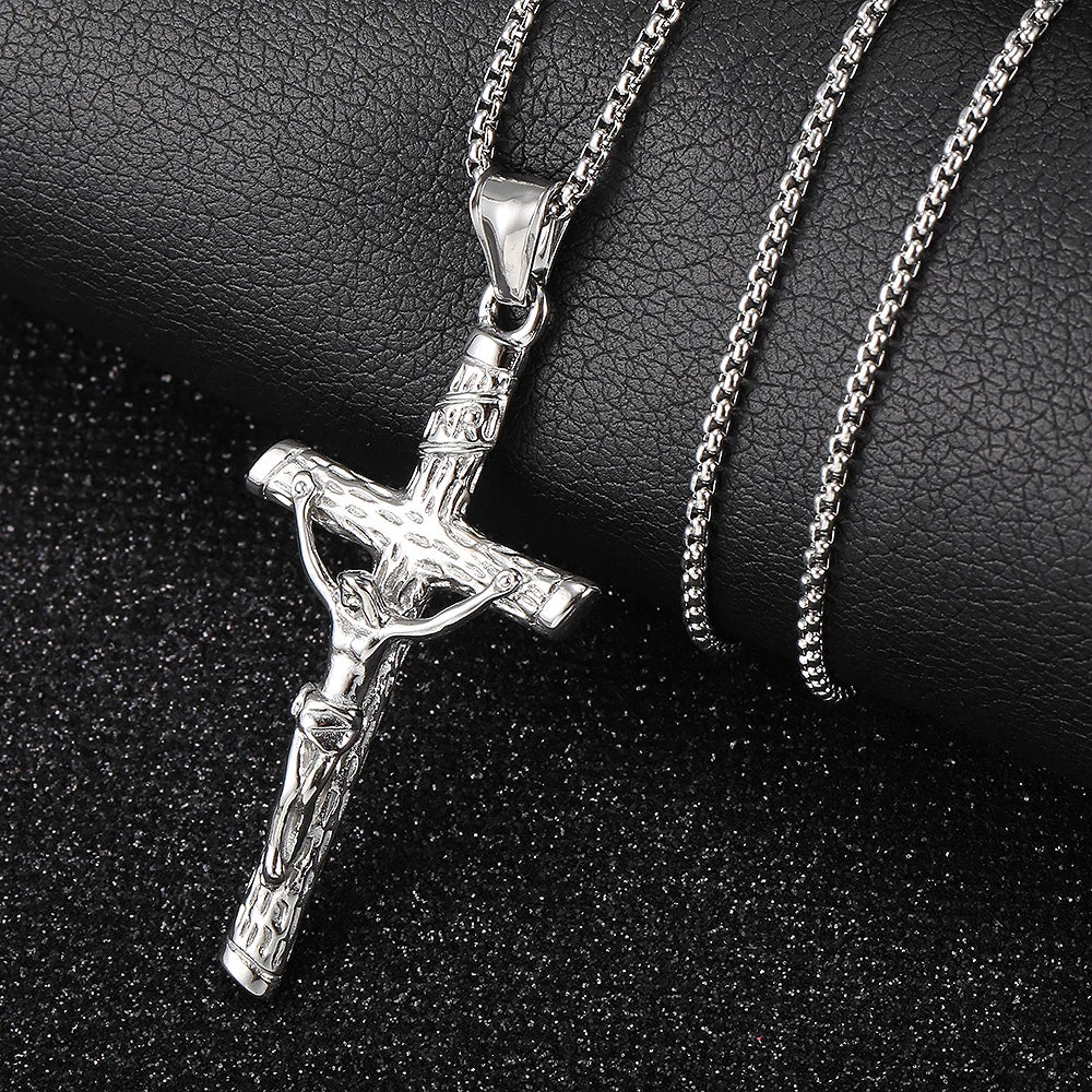 Stainless Steel Religious Crucifix Jesus Cross Necklace Pendant Gold Color Silver Color  for Men Women Box Chain jewelry KP687