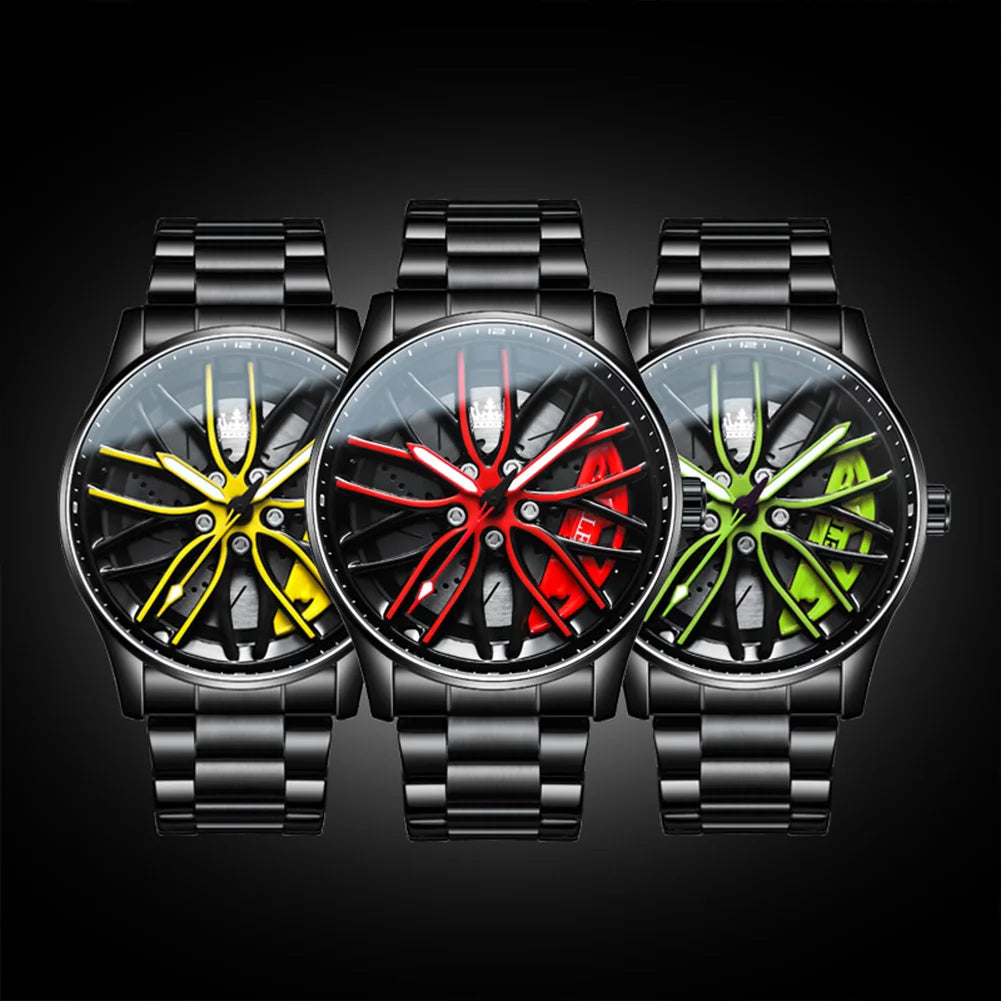 OLEVS Wheel Hub Men's Watches Trend Fashion Quartz Wristwatch Original Movement Waterproof Steel Luminous 3D Hollow Rotary Dial - Uknowucme