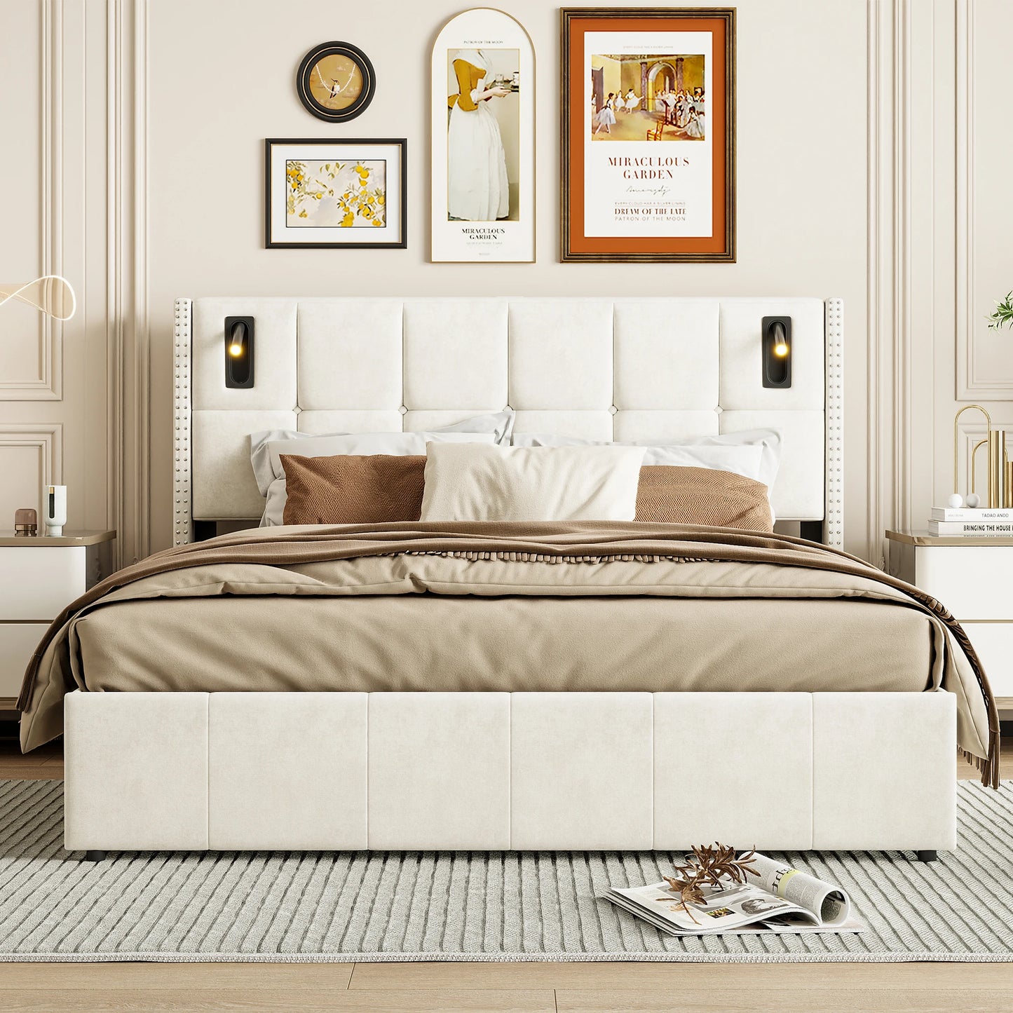 Double Bed 160x200cm, Upholstered Bed with USB & Reading Lamps, Bed Box, Storage Beds Bed Frame Velvet, Youth Bed with Headboard
