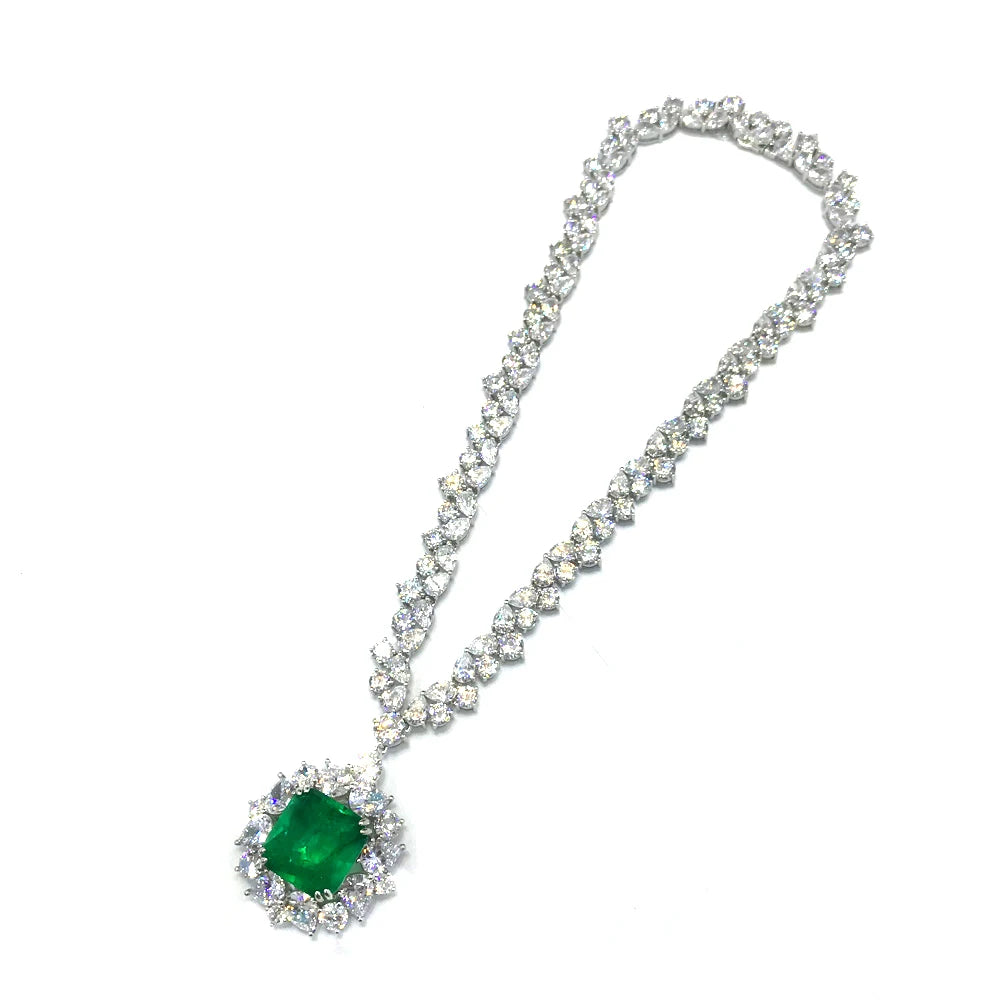 CSJ Luxury Necklace Sterling 925 Silver Big Stone Created Emerald Moissanite Pendant for Women Party Wedding Choker Jewelry Gift - Uknowucme