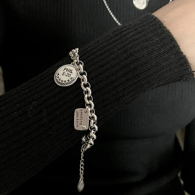 925 Sterling Silver Bracelets for Women Men Accessories Trend Vintage Round Tassel Letters Simple Pendant Party Jewelry Gift - Uknowucme
