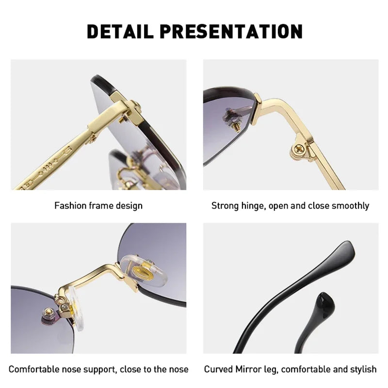 Rimless Rectangle Sunglasses Small Men Glasses Women Metal Gold Polygon Blue Shades 2024 UV400 Frameless - Uknowucme