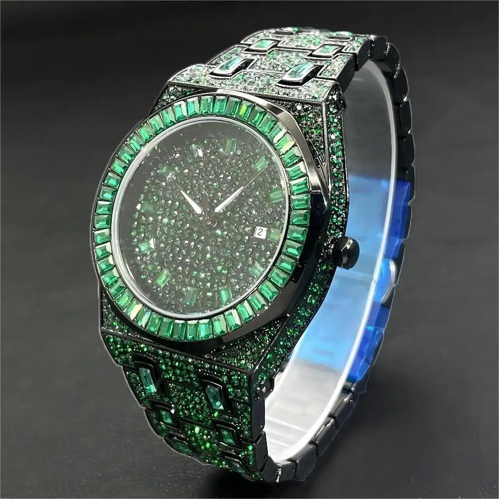 Luxury Men Watches Personalized Green Blingbling Full Diamond Quartz Watch Fashion Ice Out Male Wristwatch Best Sale For Gift