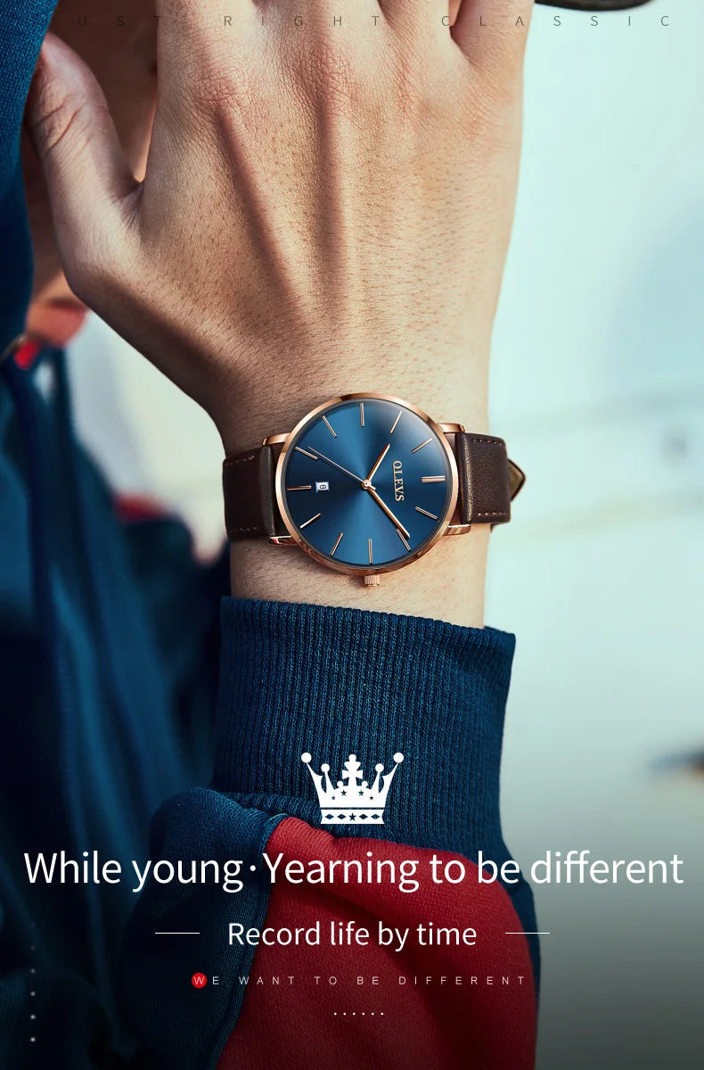 New In OLEVS Quartz Watch for Men Ultra Thin 6.5mm Minimalist Waterproof Date Bussiness Watch Fashion Leather Strap Men's Watch - Uknowucme