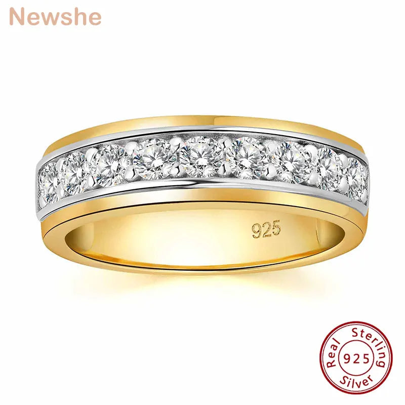 Newshe Yellow White Gold Wedding Ring for Men 925 Sterling Silver Brilliant Round AAAAA Cubic Zircon Fine Jewelry