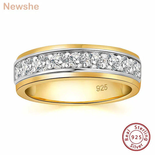 Newshe Yellow White Gold Wedding Ring for Men 925 Sterling Silver Brilliant Round AAAAA Cubic Zircon Fine Jewelry