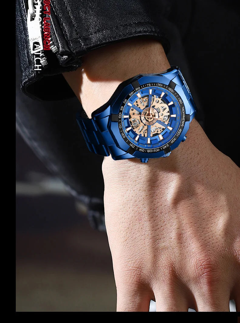2025 Mens Quartz Watches Top Brand Luxury Stainless Steel Waterproof Hollow Out Blue Big Male Wristwatches Relogio Masculino - Uknowucme