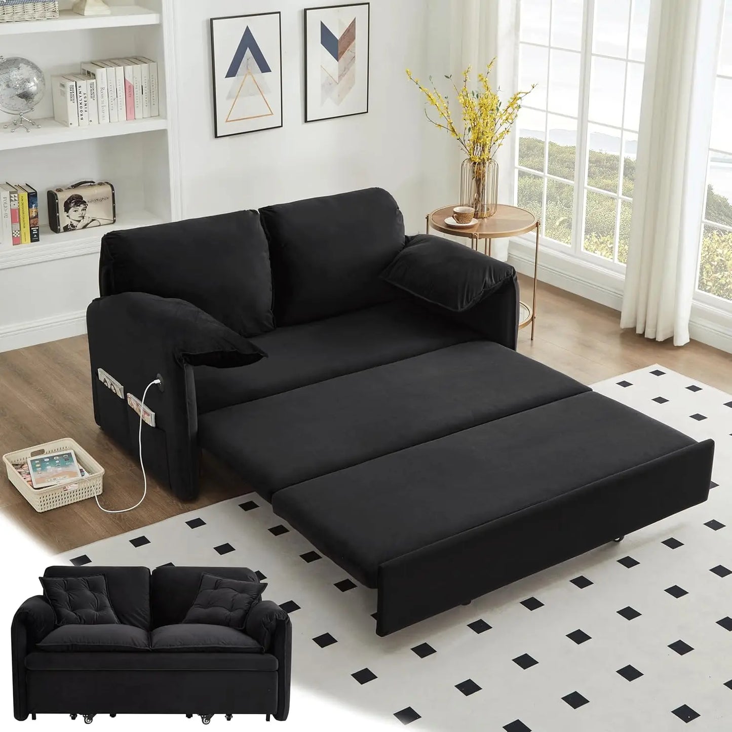 3 in 1 Pull Out Convertible Sofa Bed-Velvet Sleeper Sofa with 3Level Adjustable Backrest,Tufted Love Seat w/ 2Pockets ＆ 2Pillows - Uknowucme