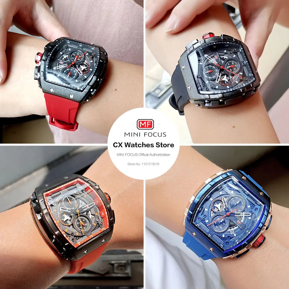 MINI FOCUS Chronograph Quartz Watch for Men Tonneau Dial Military Sport Wristwatch with Orange Silicone Strap Auto Date 0399 - Uknowucme